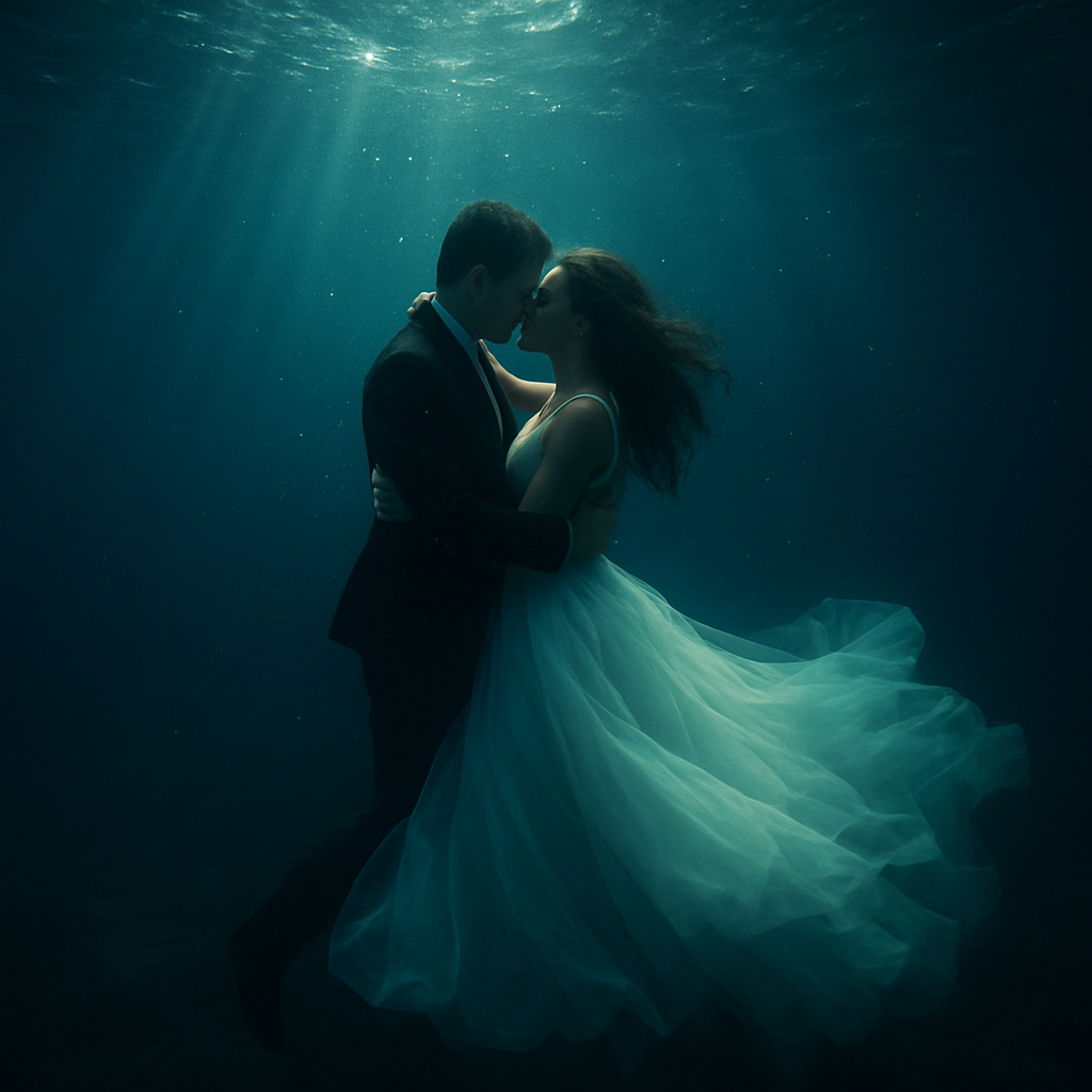 A couple in flowing wedding attire embracing beneath the ocean surface